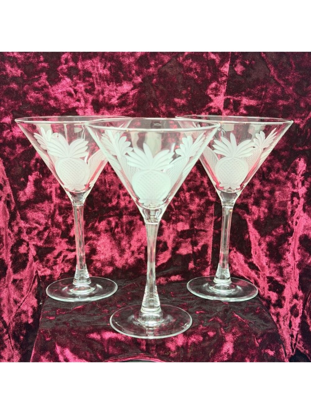 Rolf Glass Pineapple Martini Glass Set 3 Etched Tropical Cocktail Glassware 10oz